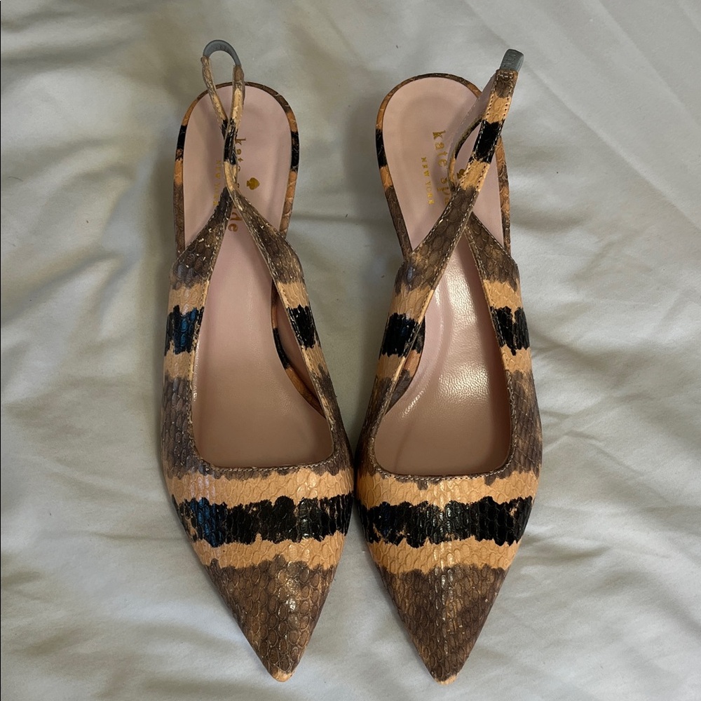 Kate Spade Riley faux snake skin kitten heel sling back point toe black beige 8